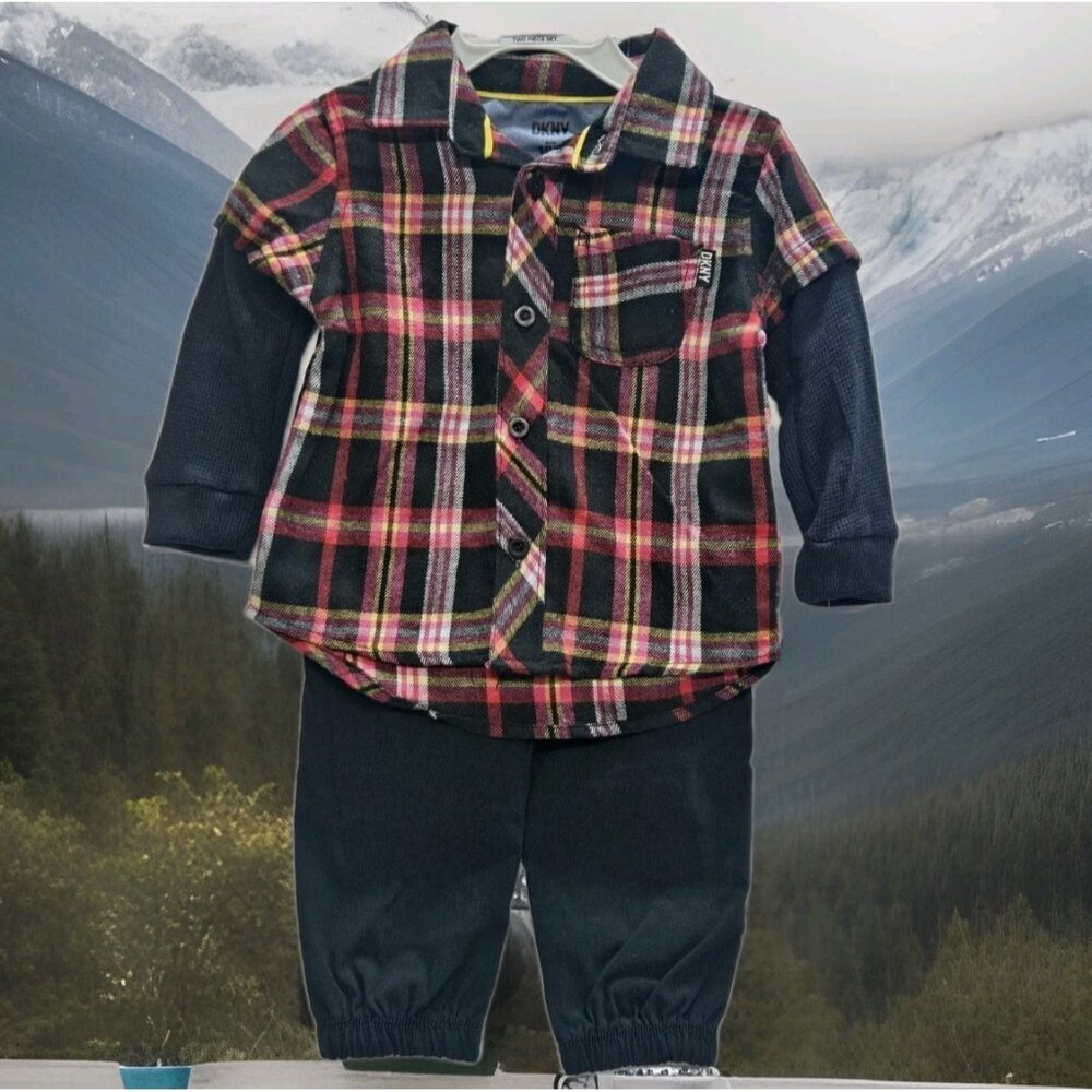 DKNY Size 12M Set Of 2, Black Pants/ Black-Red Plaid Button Up Long Sleeve